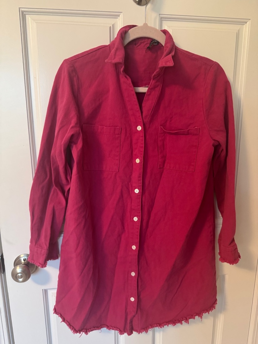 Long Sleeve Pink Button-Front Shirt Dress